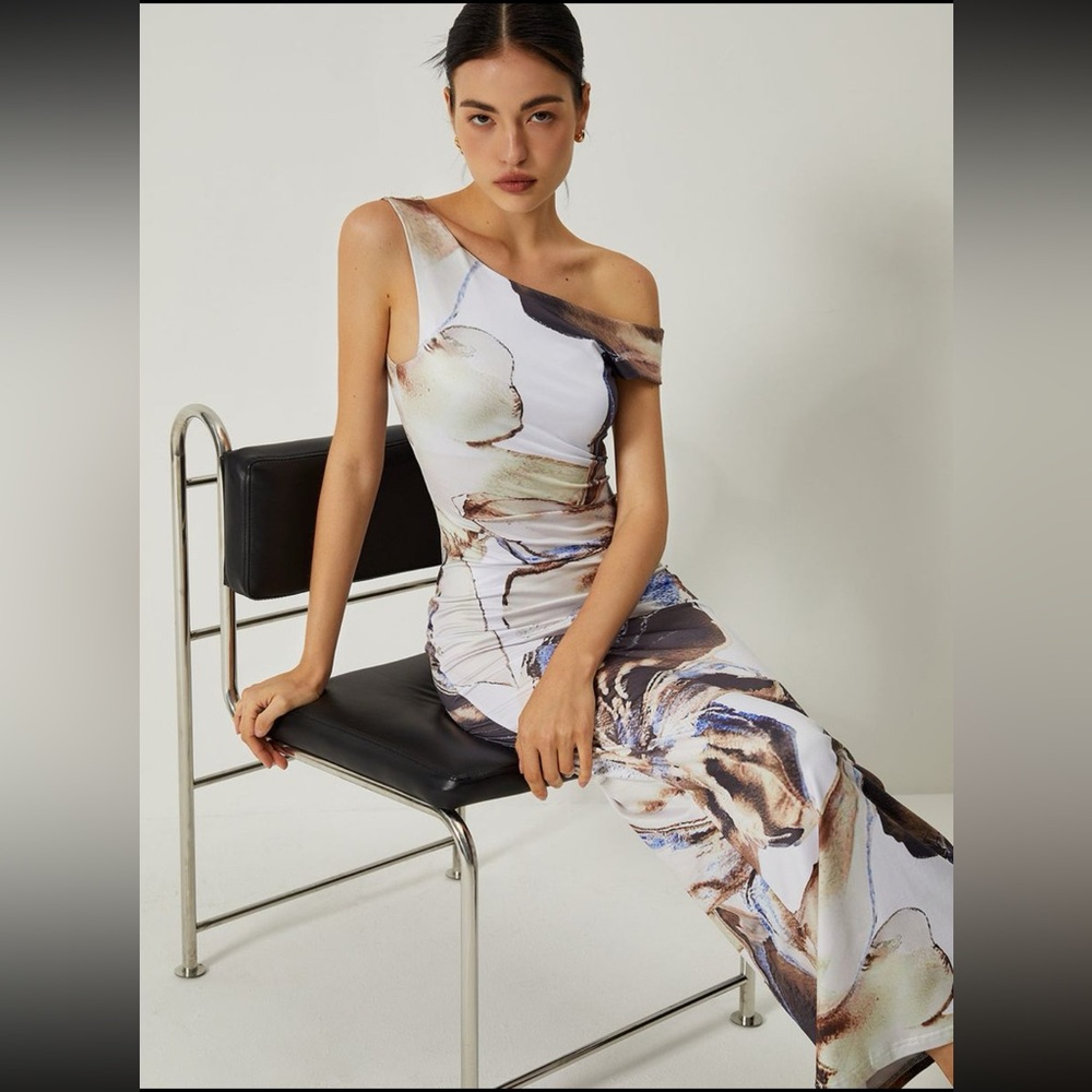 Commense Cream and Brown One Shoulder Sheath Dress